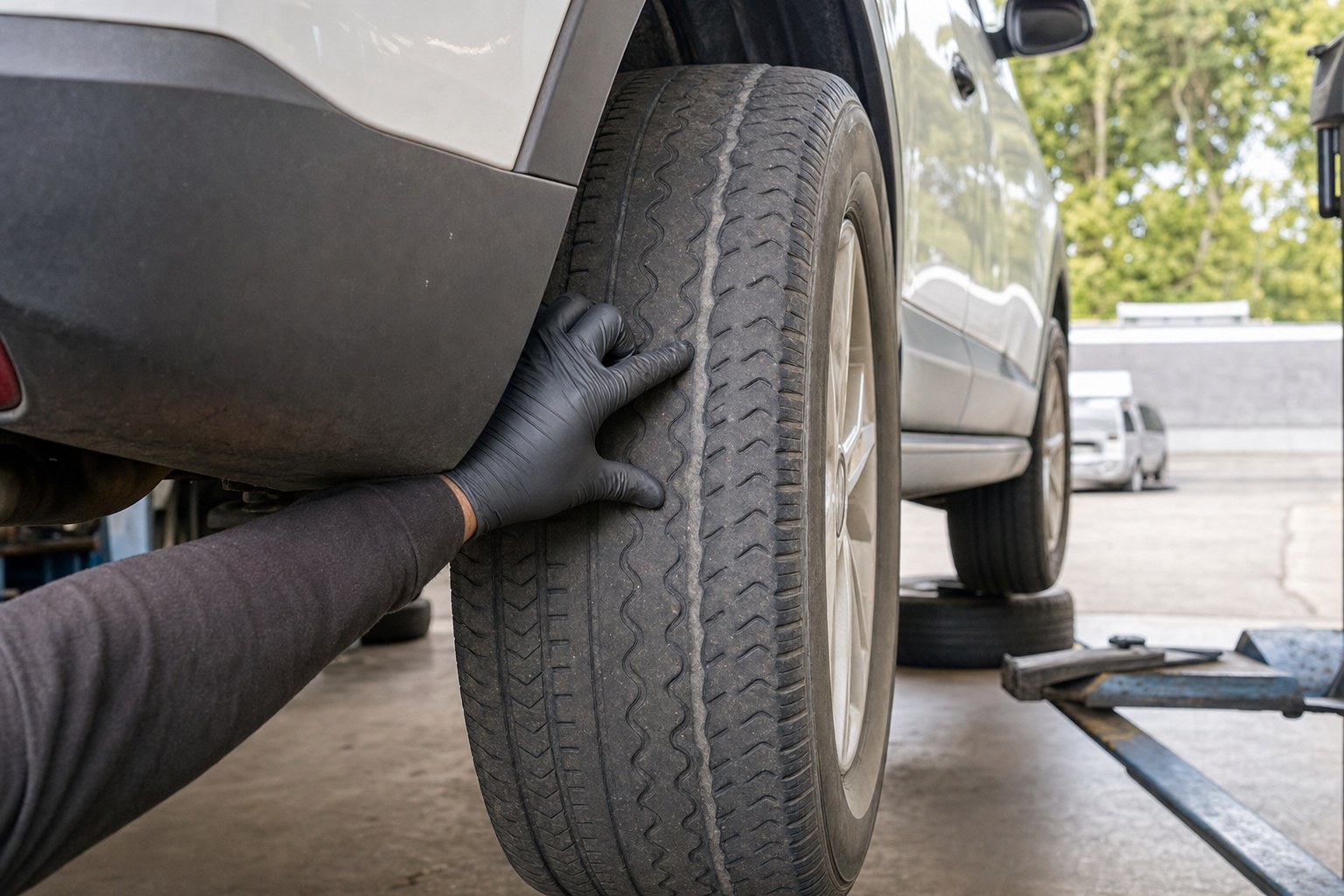 Mechanic inspecting uneven tire tread on an SUV