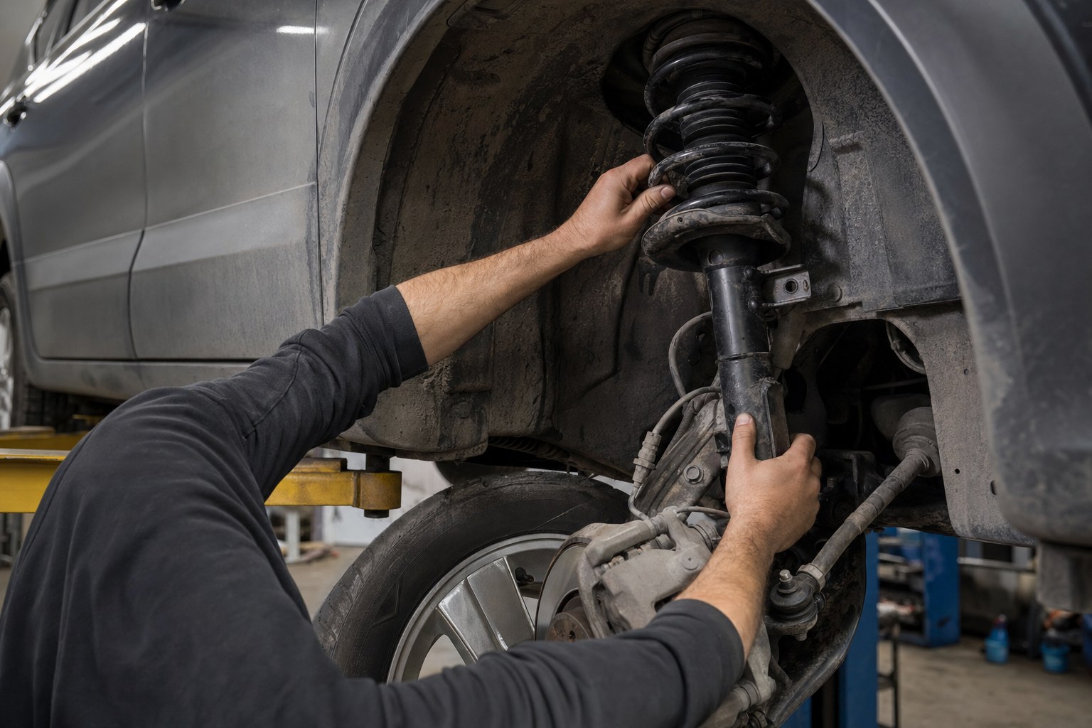 Technician inspecting a vehicle strut and wheel suspension area