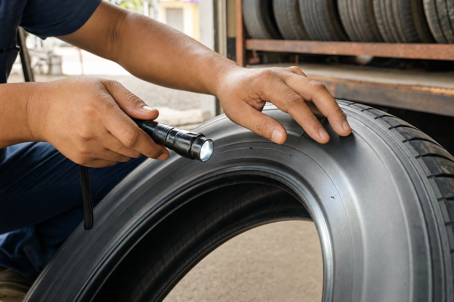 Mechanic inspecting a tire sidewall with a flashlight