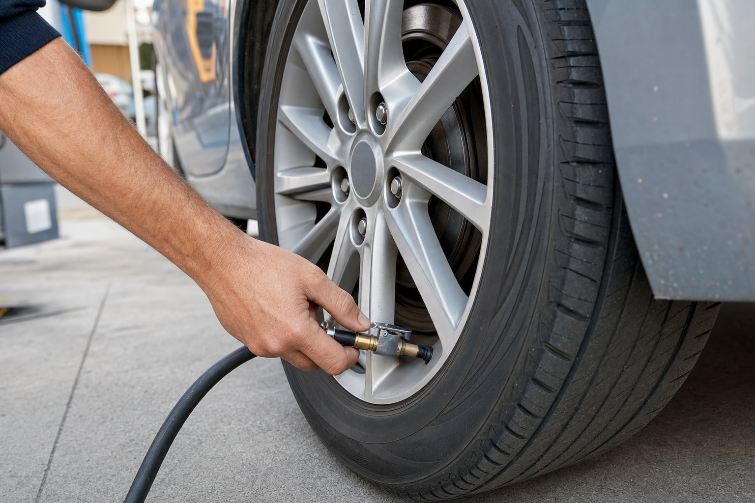 Air pump hose connected to a vehicle tire valve stem