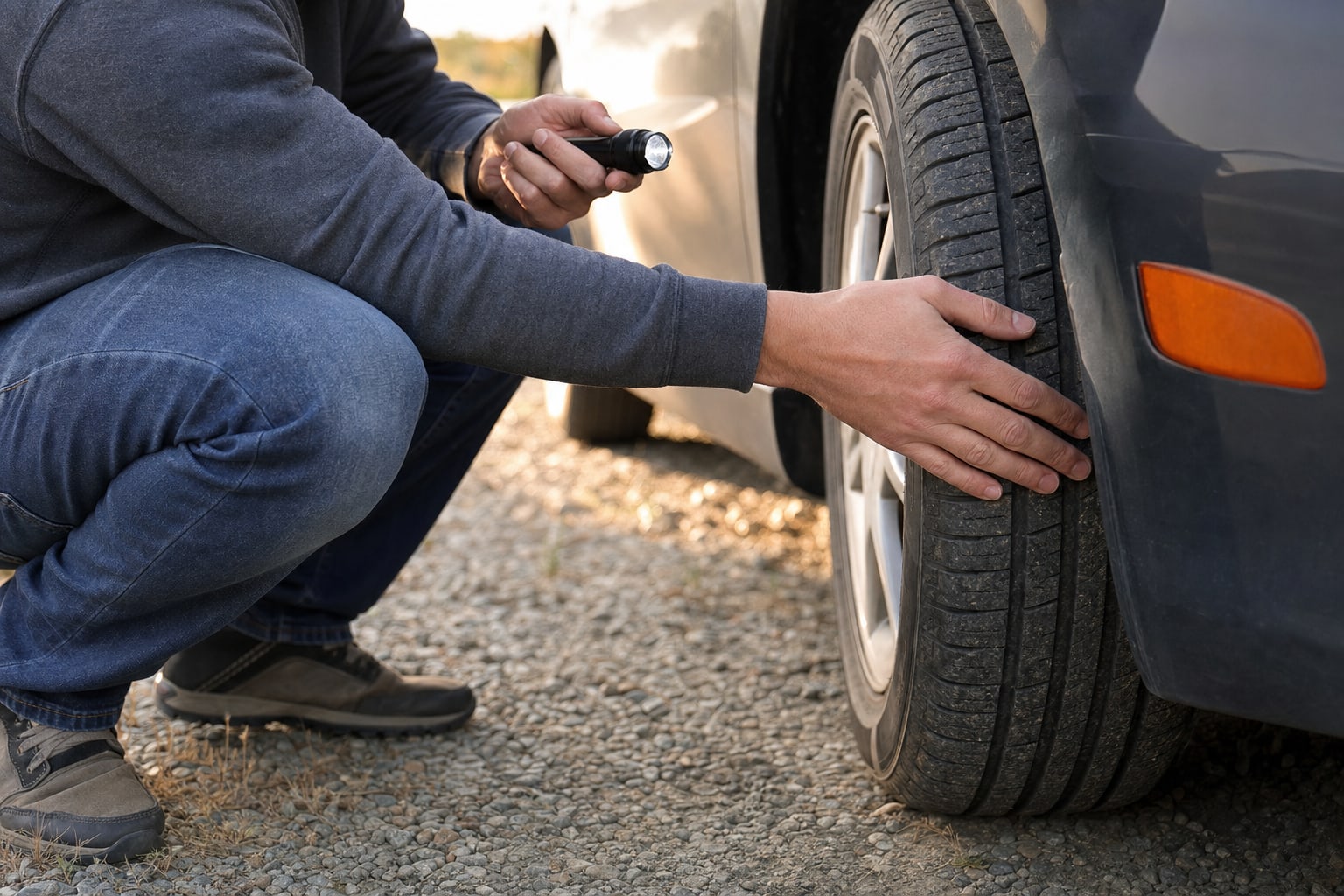 Driver inspecting the tread and sidewall of a parked vehicle tire