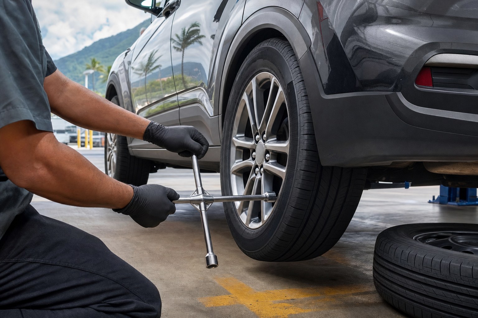 Technician loosening a wheel during tire service