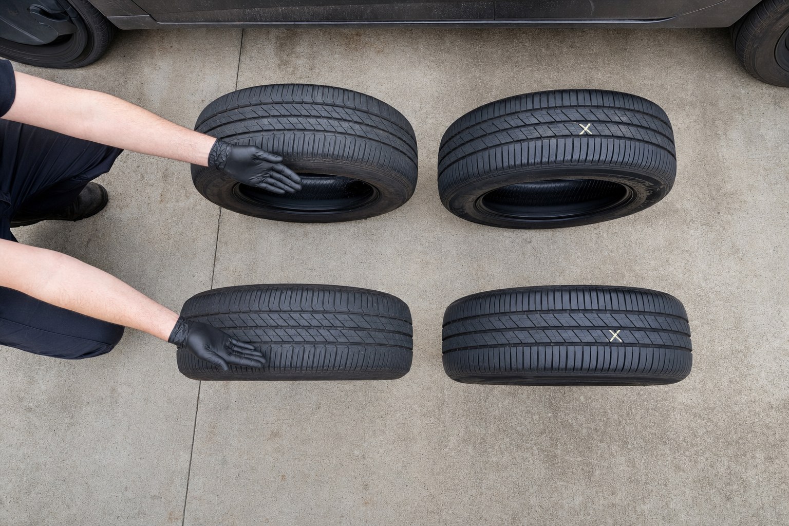 Four tires arranged for a rotation service on a shop floor