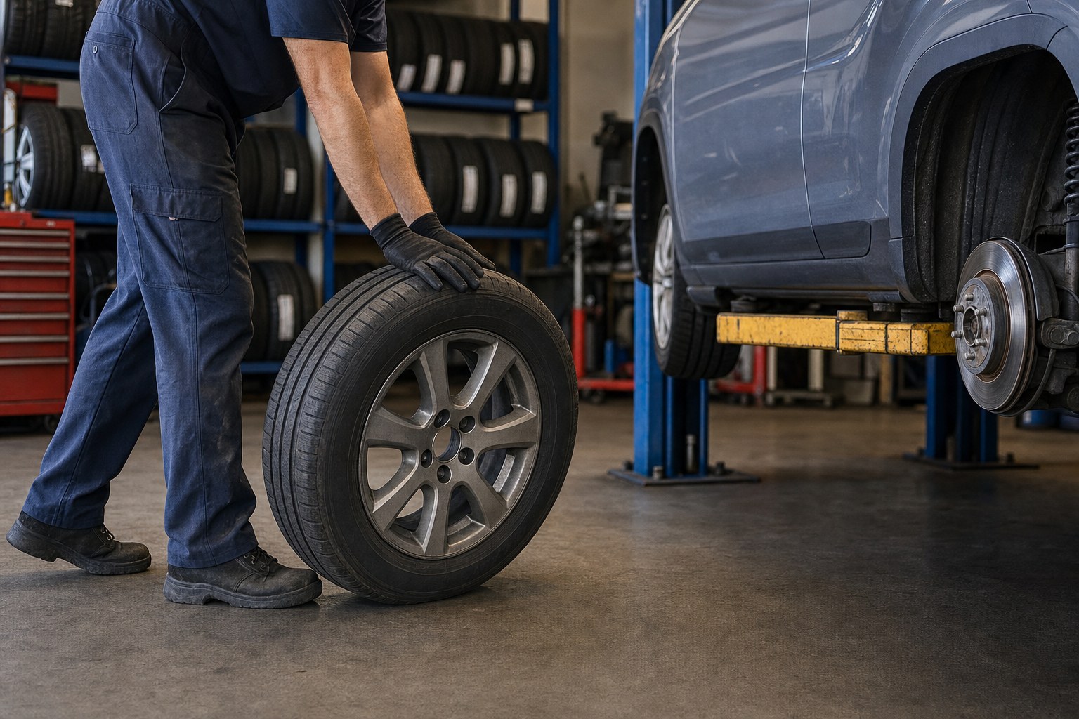 Technician rolling a wheel toward a vehicle in a local tire shop