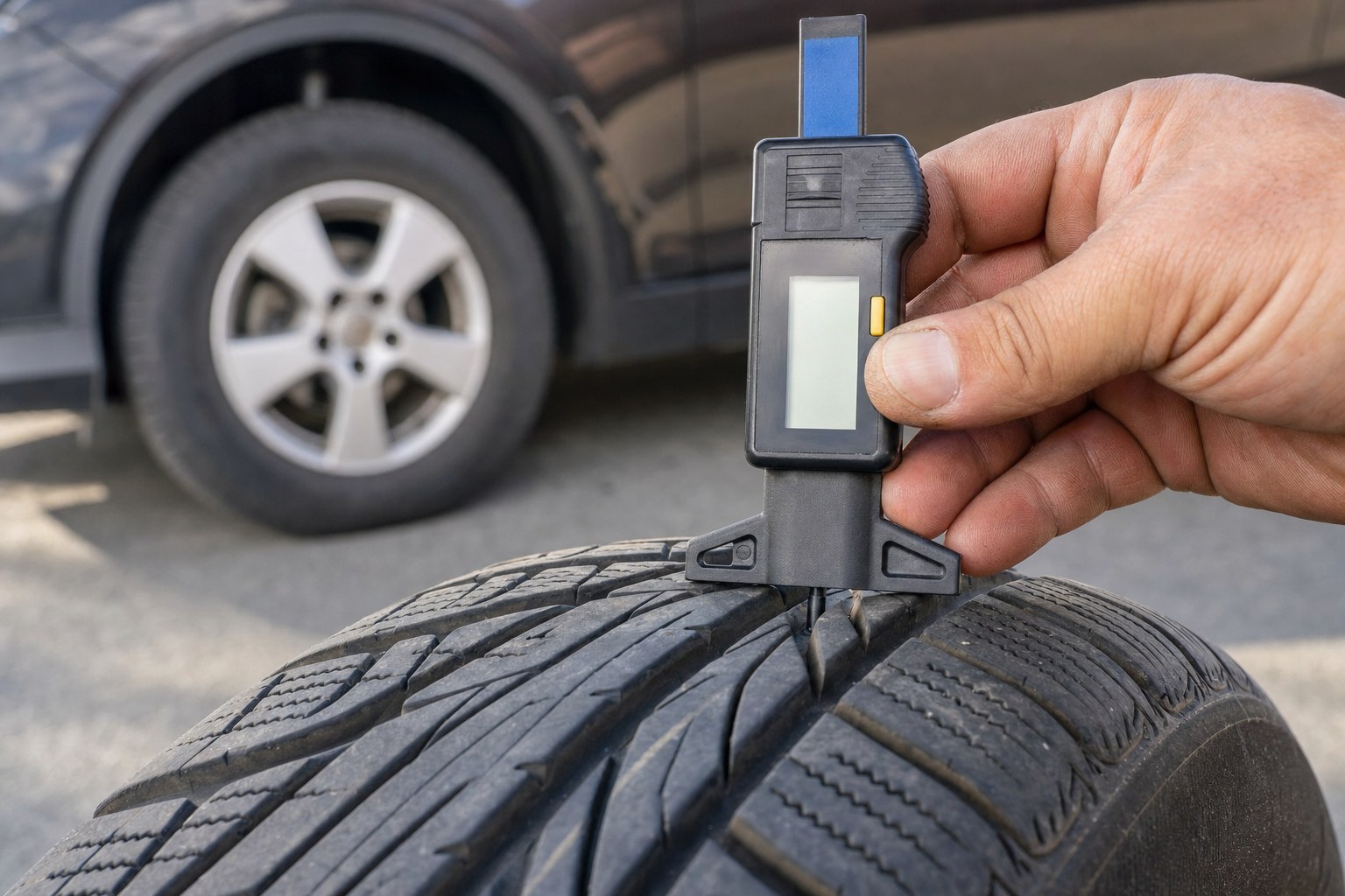 Tread depth gauge checking a tire groove