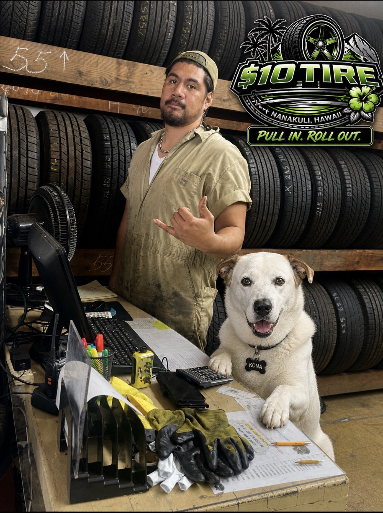 Tire shop counter and rows of tires ready for service