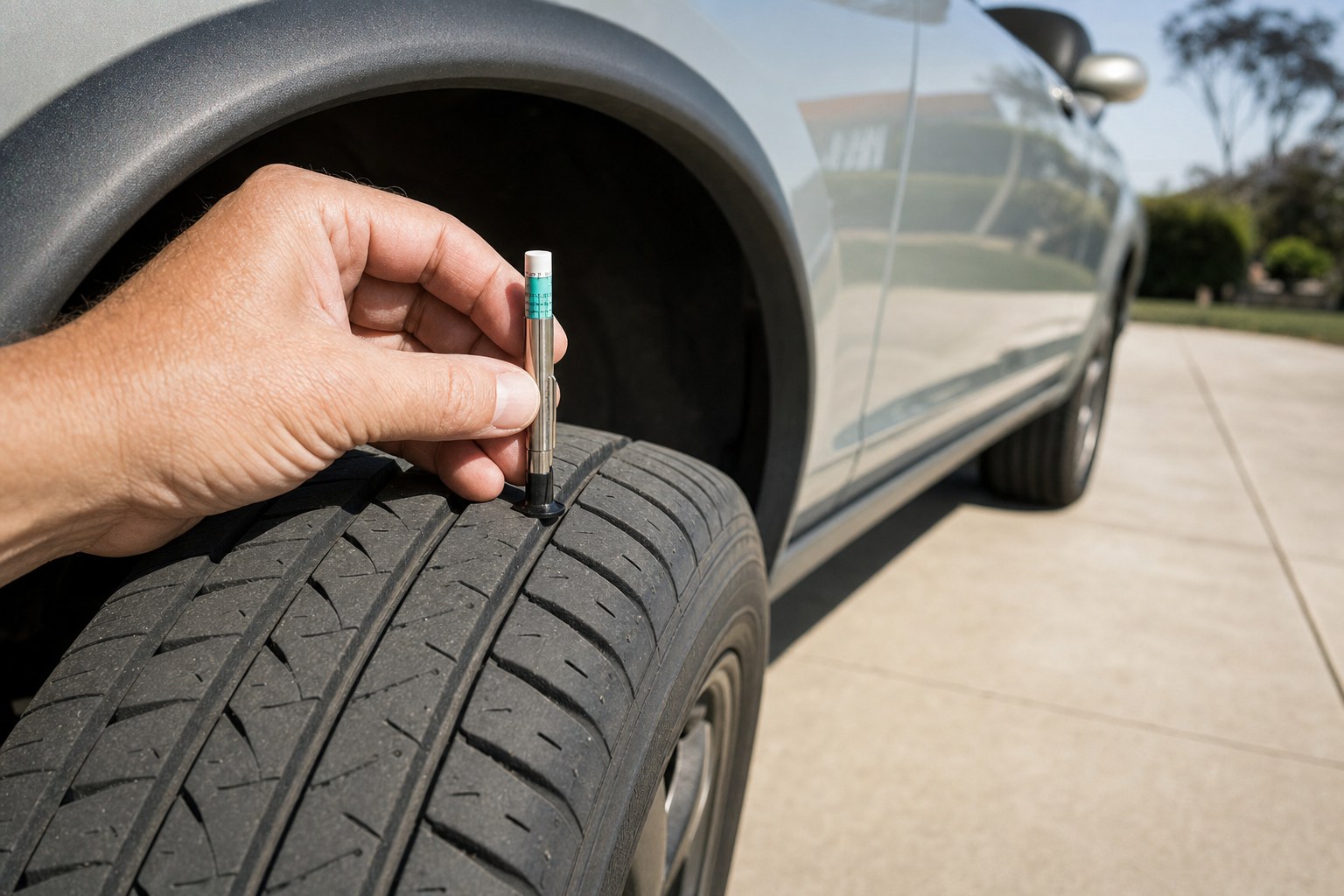 Driver checking tire tread depth with a gauge