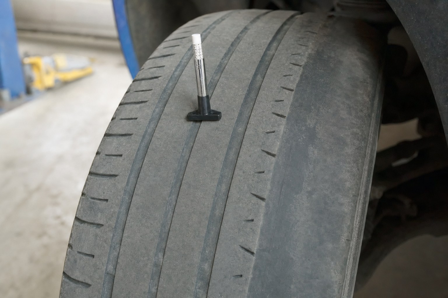 Worn tire showing an uneven tread pattern with a tread-depth gauge