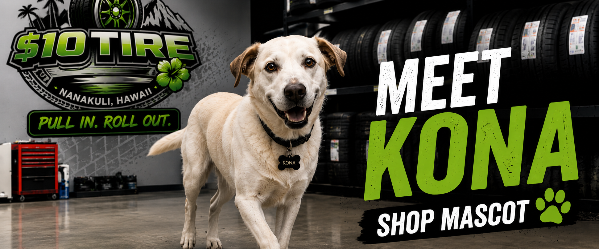 Kona, the $10 Tire shop mascot, standing in front of tire racks