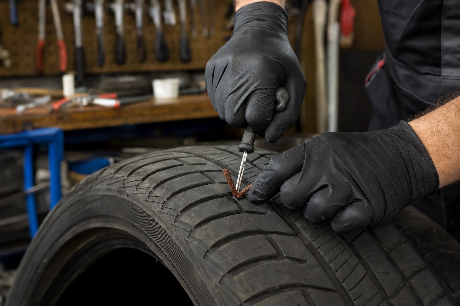 Tire puncture repair in progress