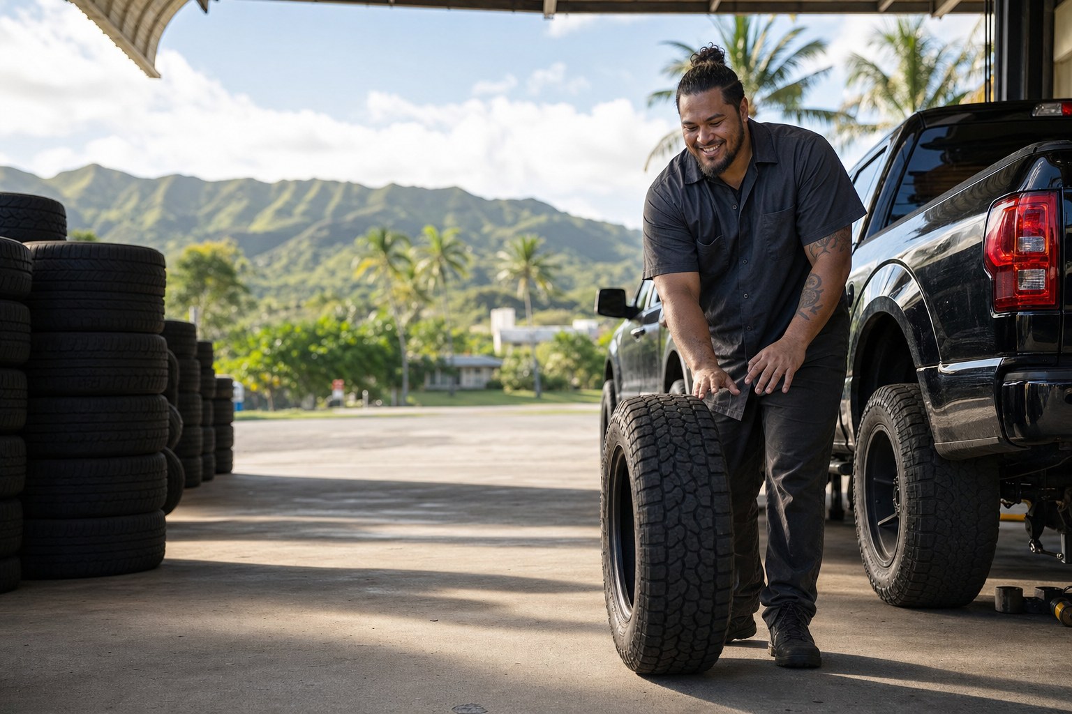 Tire technician working beside a pickup truck