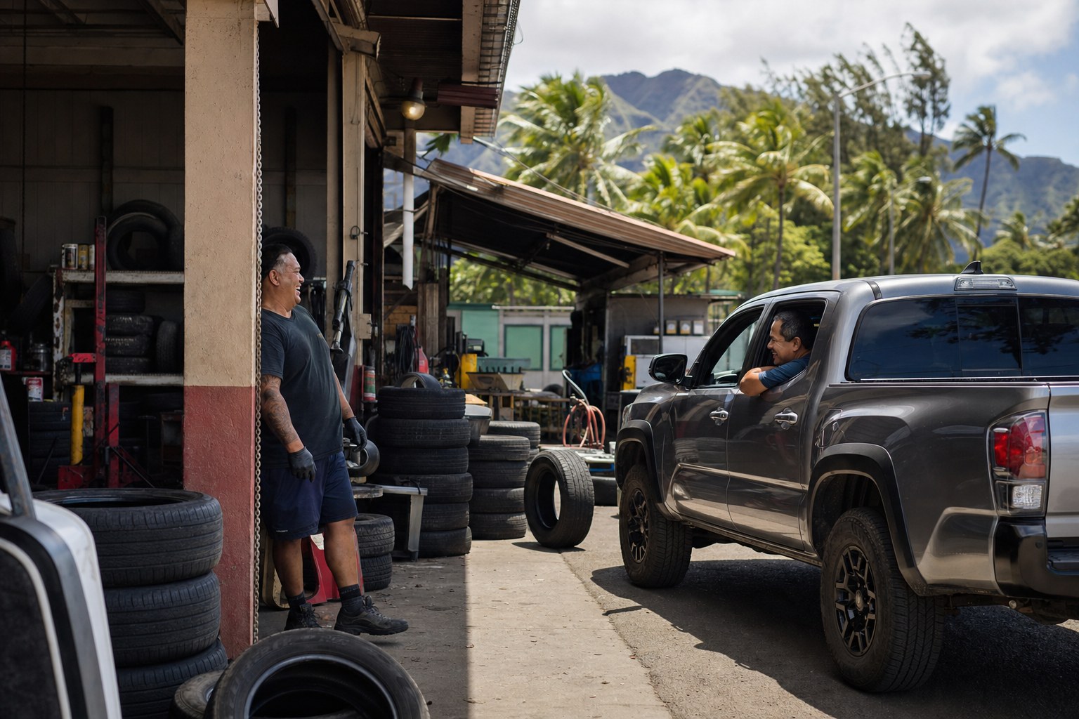 Open-air tire shop on Oahu's Leeward Coast