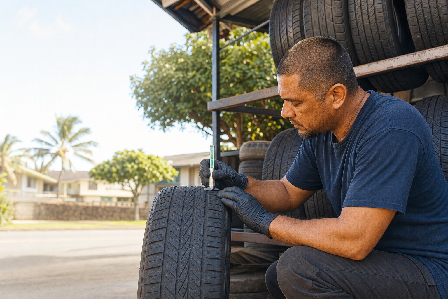 Technician checking used tire tread