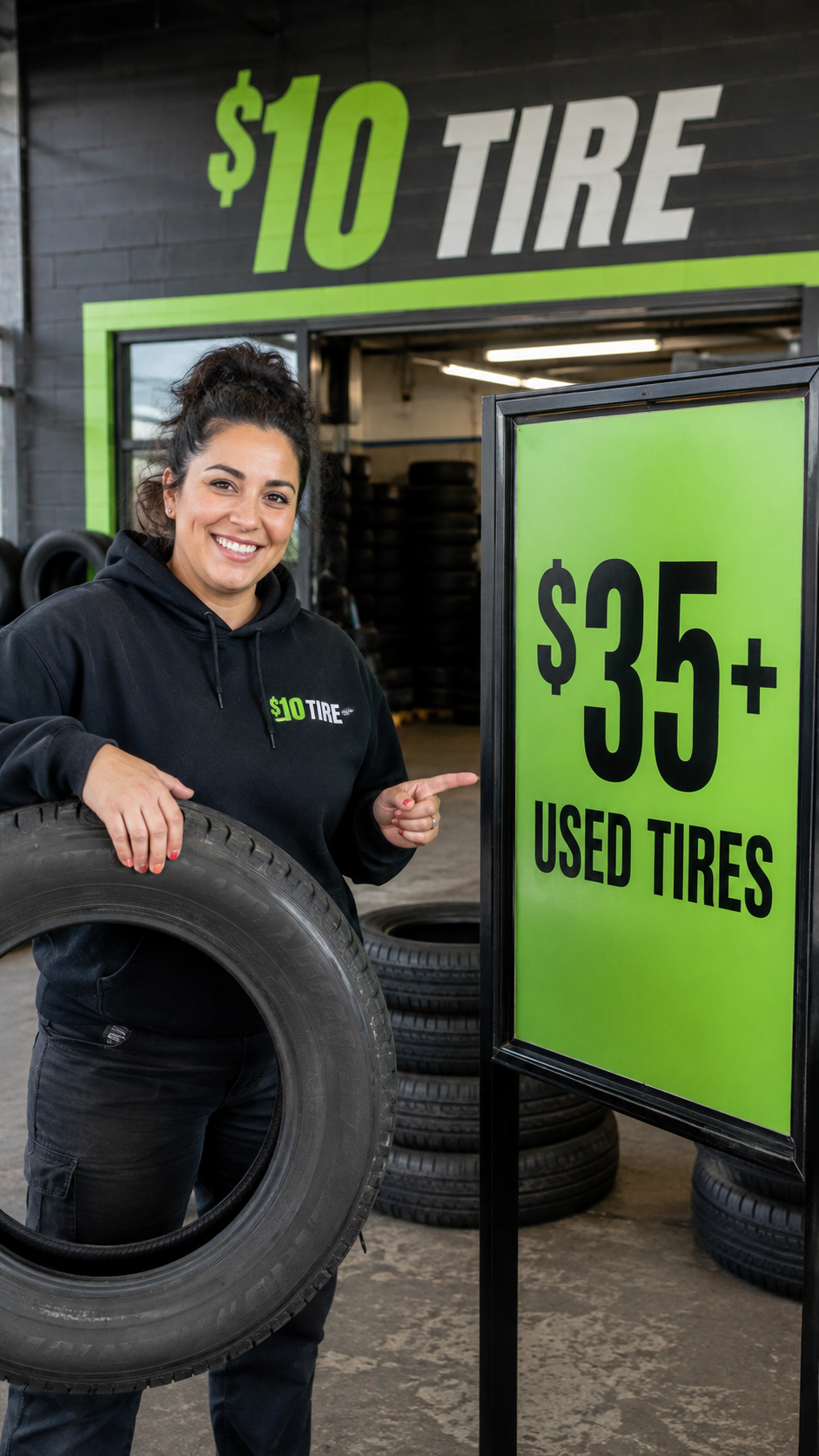 $10 Tire team member with a used tire outside the Waianae shop