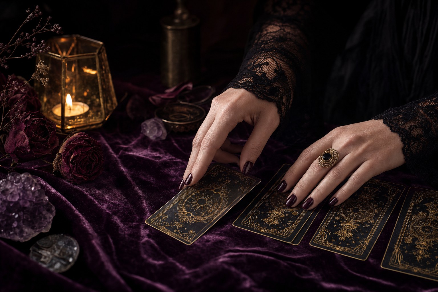 Hands arranging tarot cards on velvet by candlelight