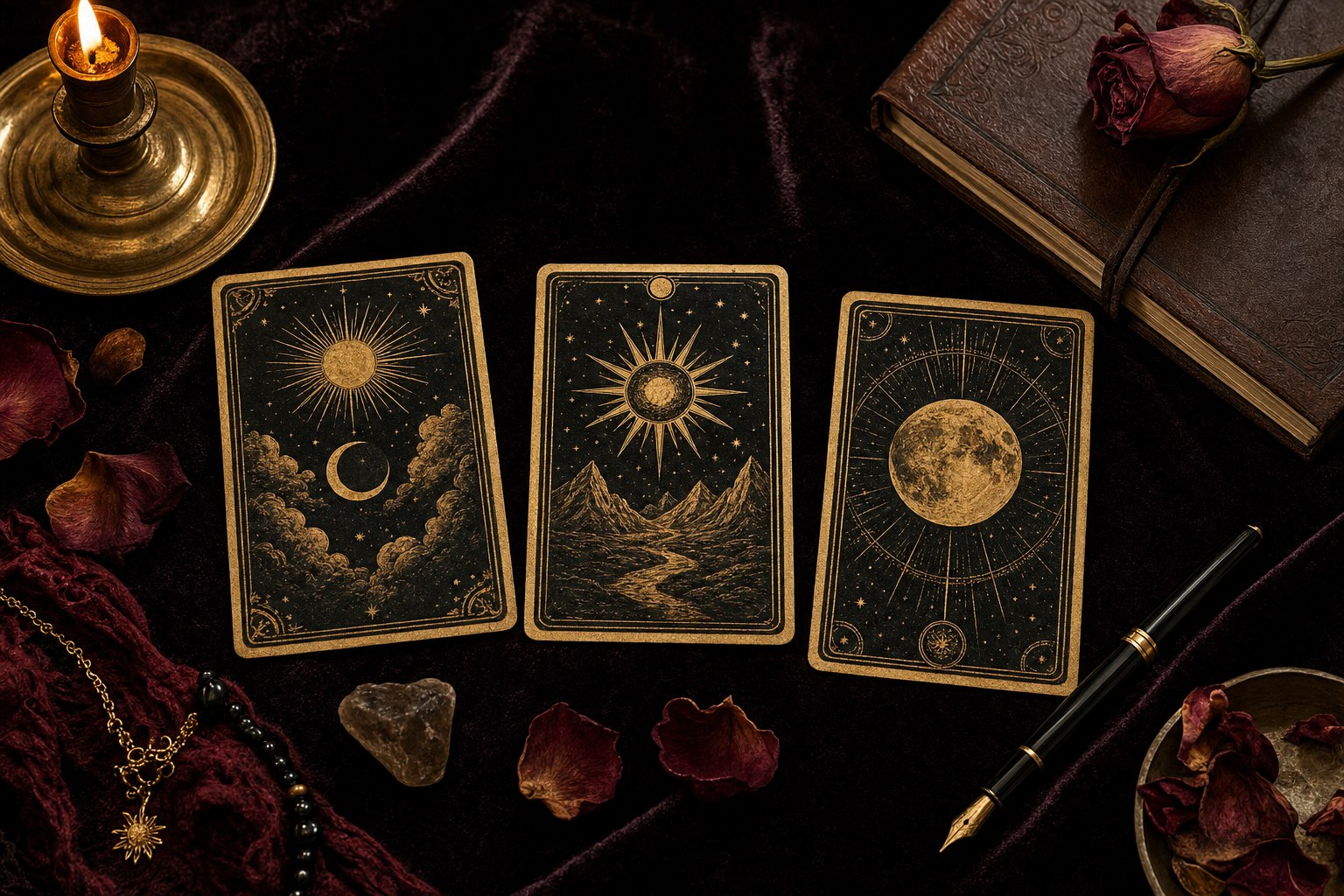 Tarot cards, candlelight, a journal, and dried rose petals