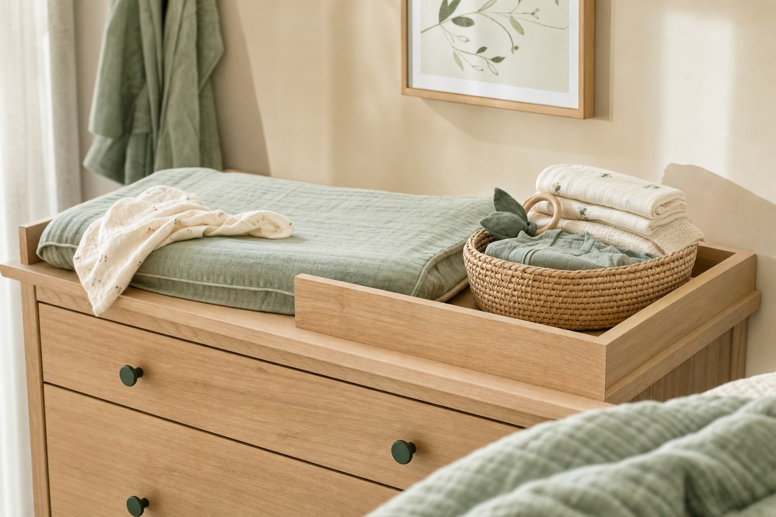 Warm nursery with a changing dresser and baby essentials