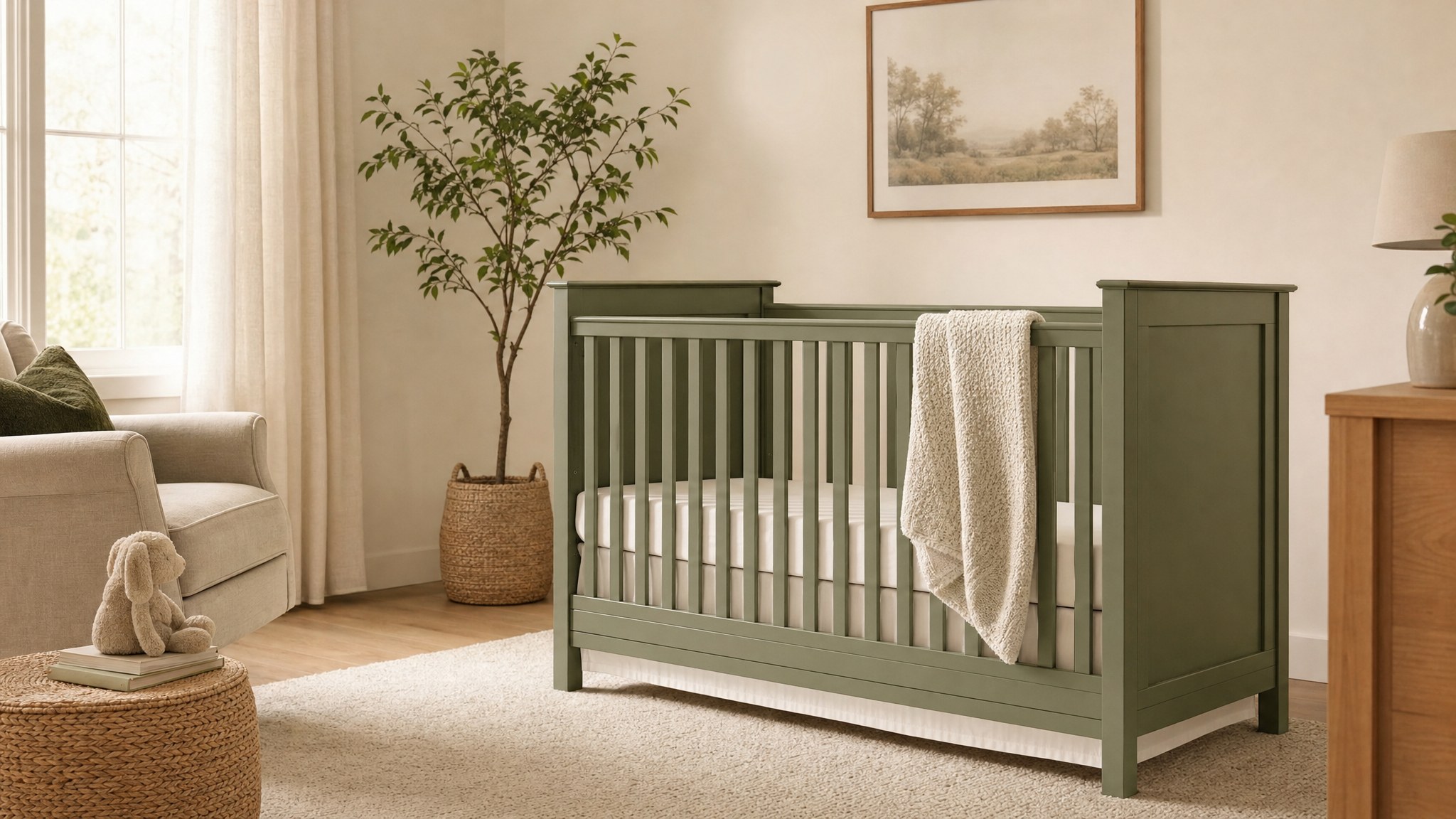 Sunlit nursery with a sage green crib