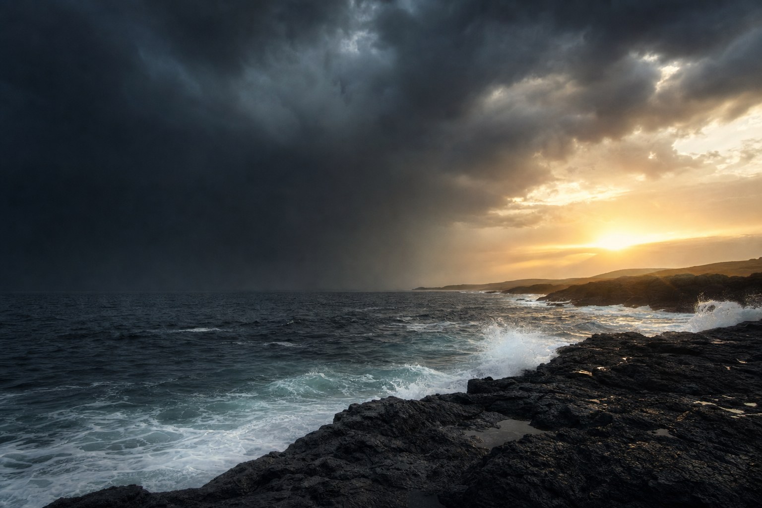 Storm clouds opening over a rocky ocean coast at sunrise