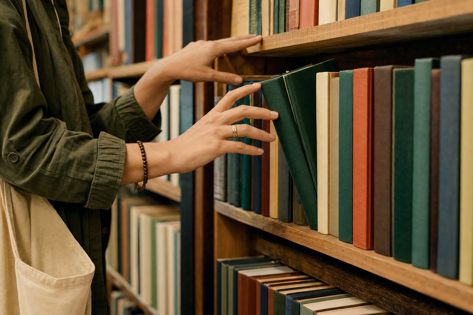 Reader choosing a novel from a bookshop shelf
