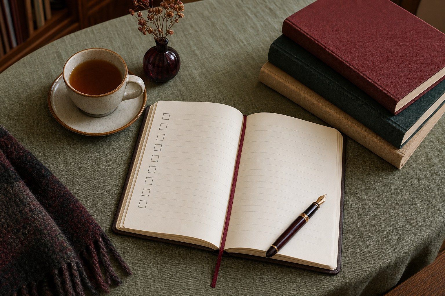 Open reading journal beside a stack of novels and a cup of tea
