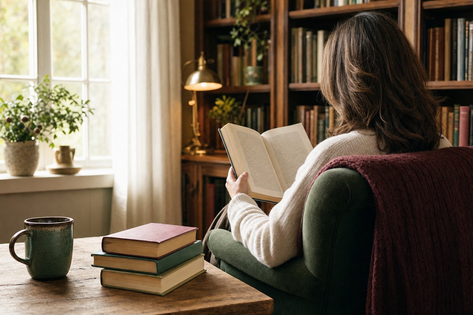 Reader enjoying a novel in a quiet home library