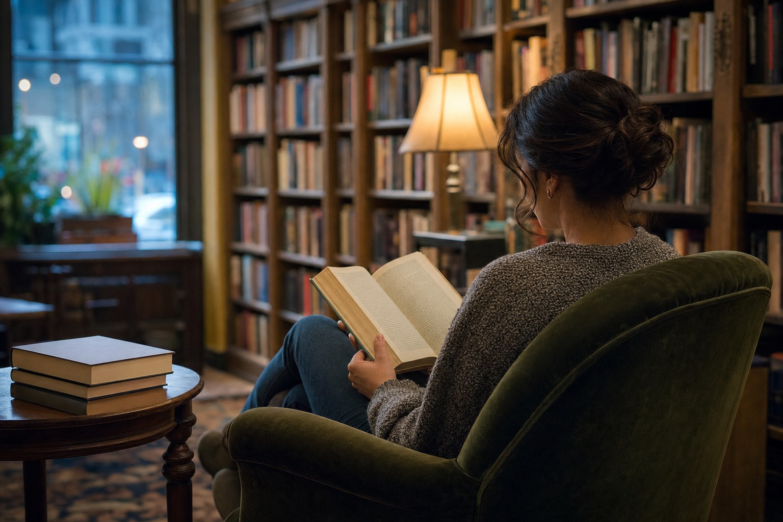 Reader choosing a suspense novel in a warmly lit bookstore