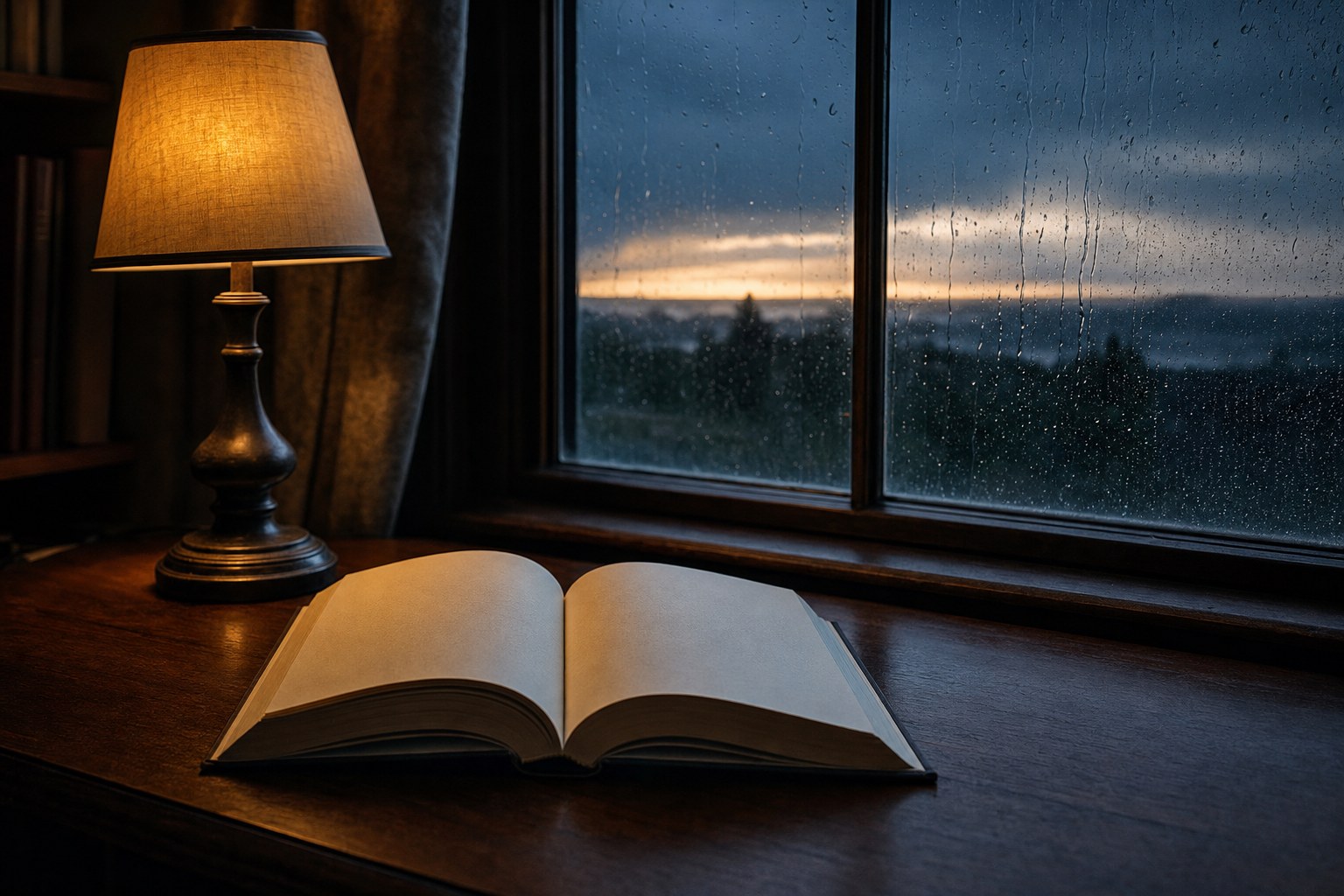 An open book beside a warm lamp and rain-streaked window at dusk