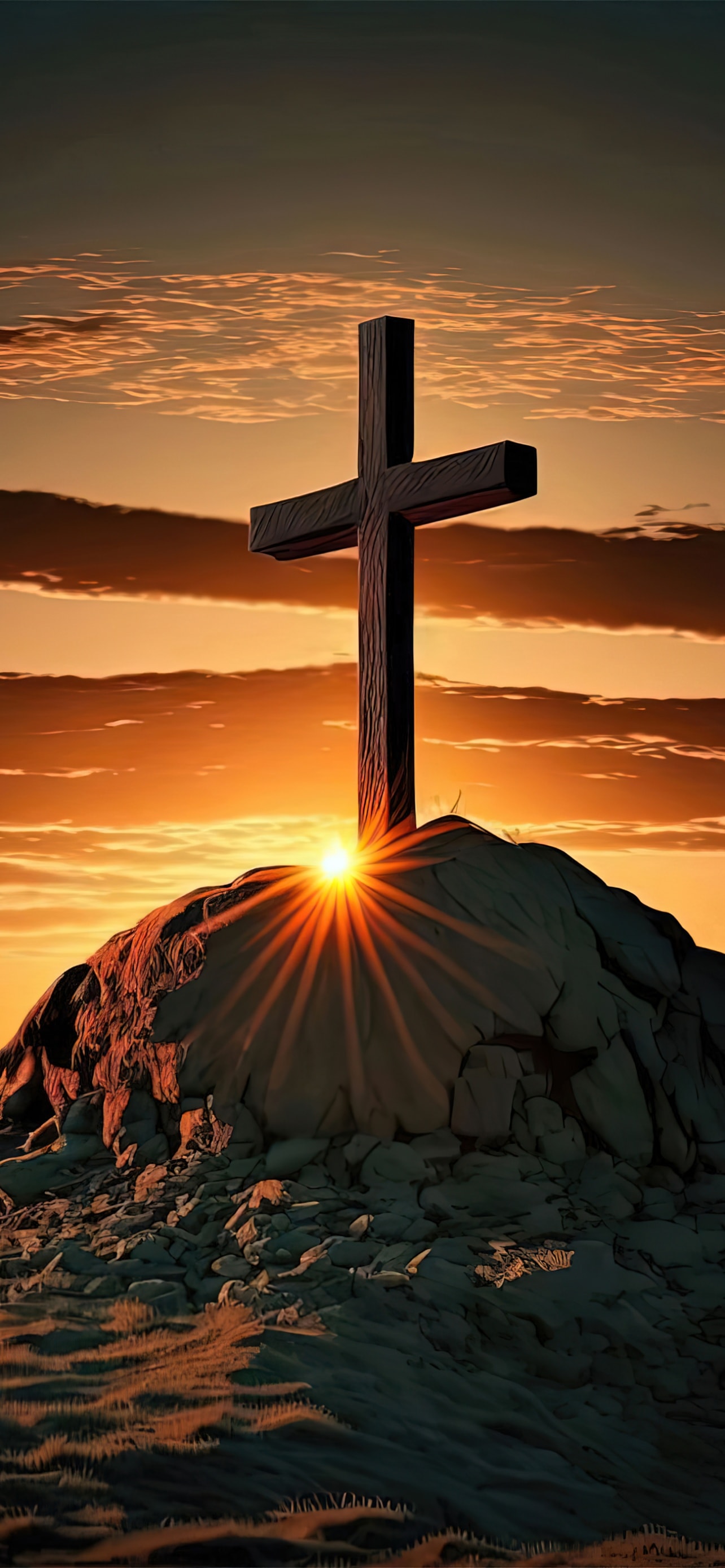 Wooden cross silhouetted against a golden sunrise