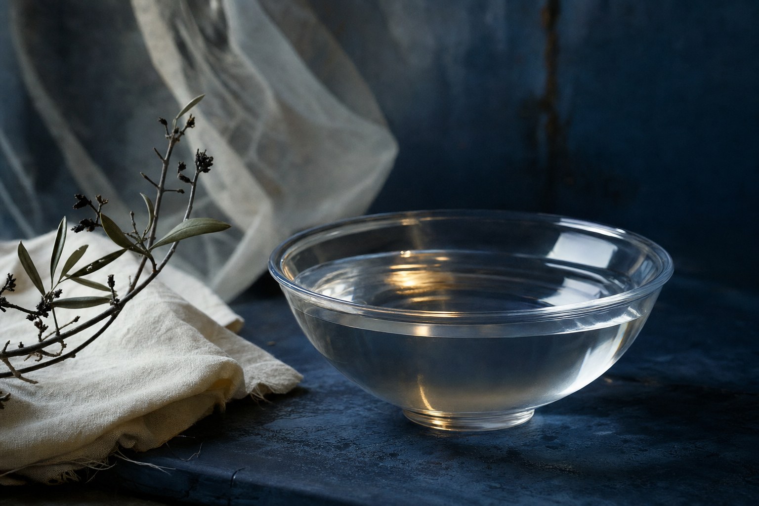 A glass bowl of water catching warm light beside linen cloth