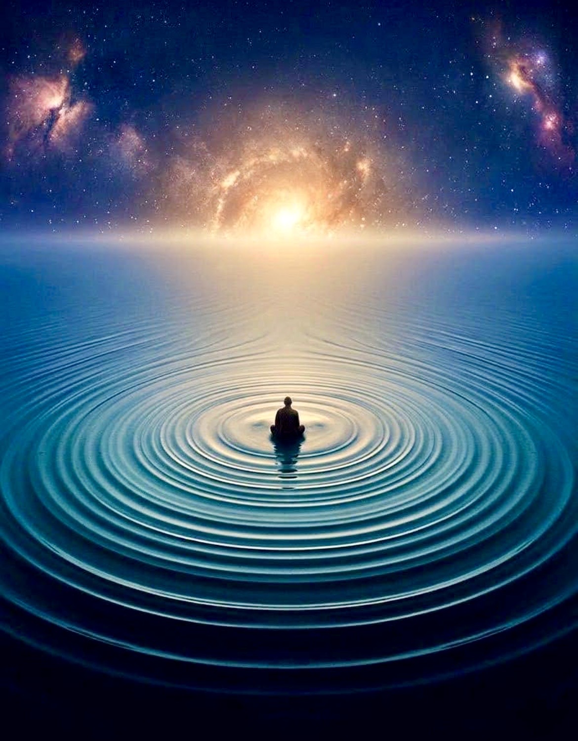 Person meditating in water beneath a glowing night sky