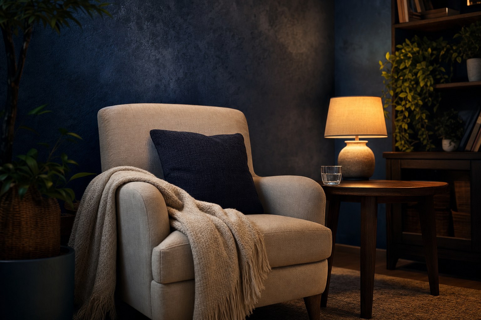 A calming chair and warm lamp in a private room