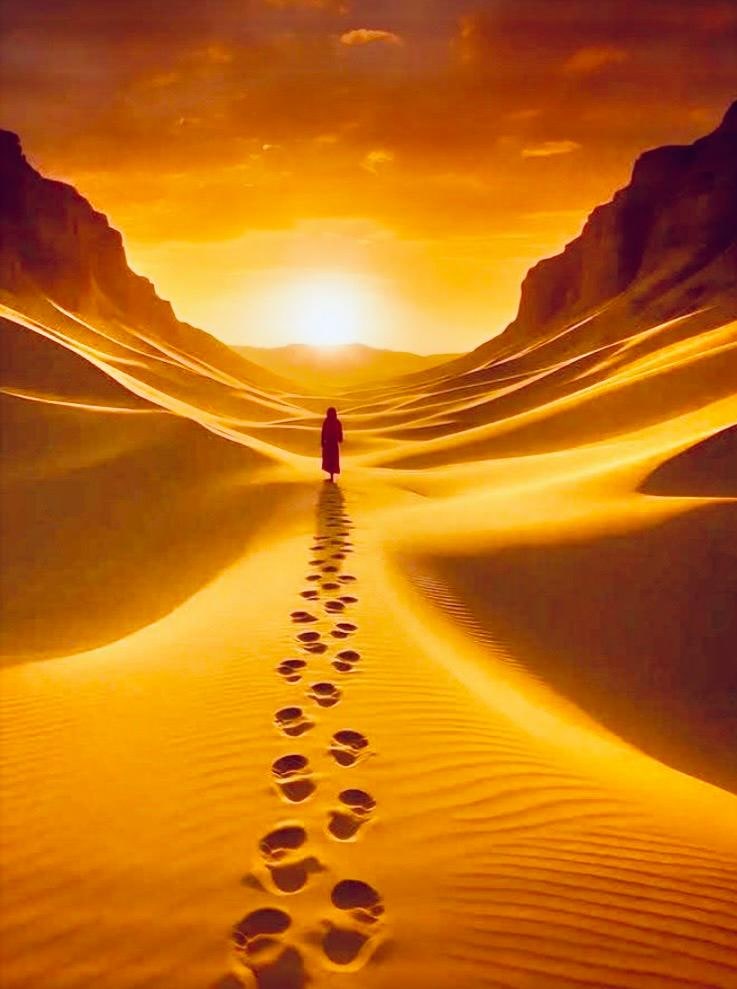 A sunrise over golden desert dunes, with a person walking toward the light