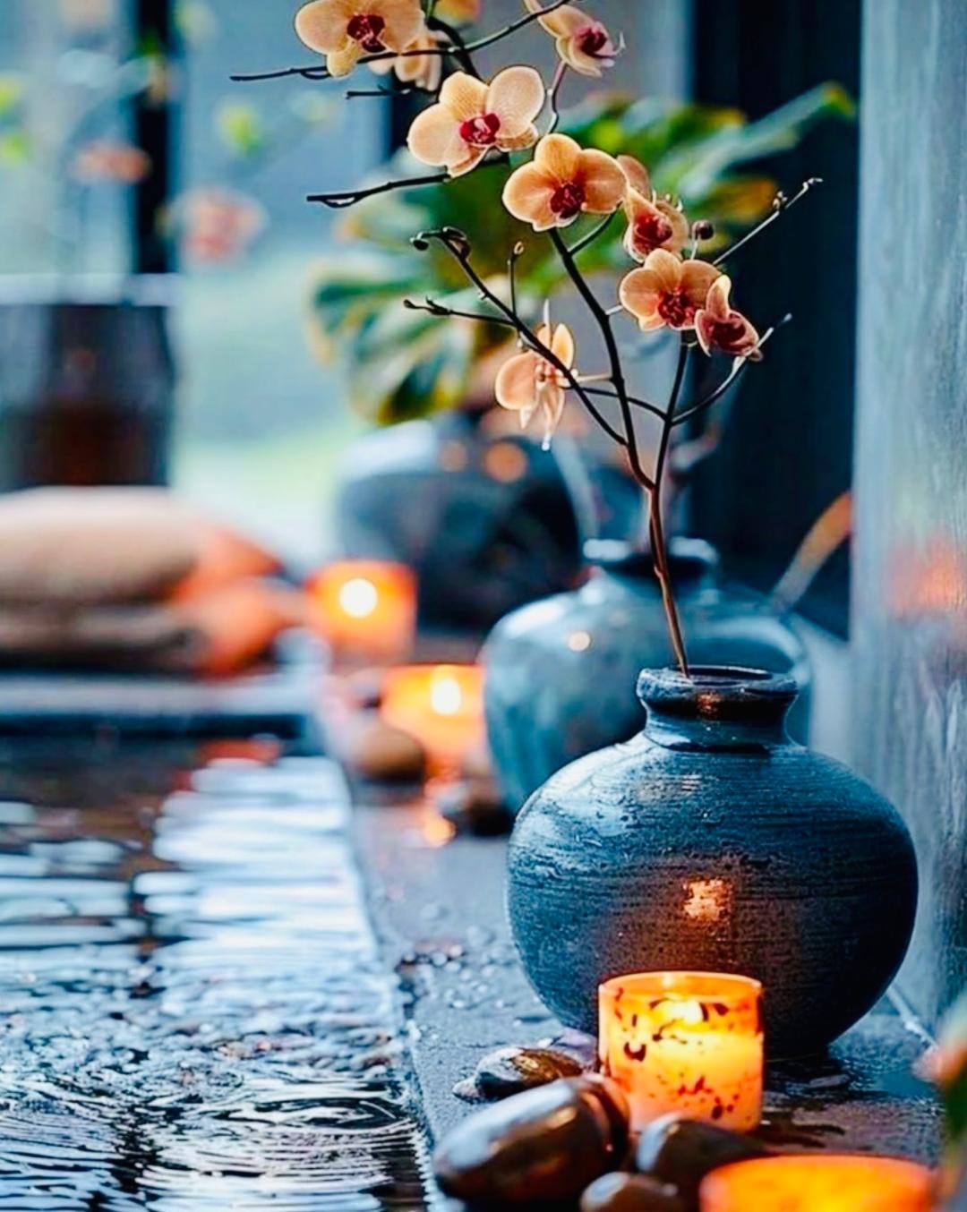 A glass bowl of water catching warm light beside linen cloth