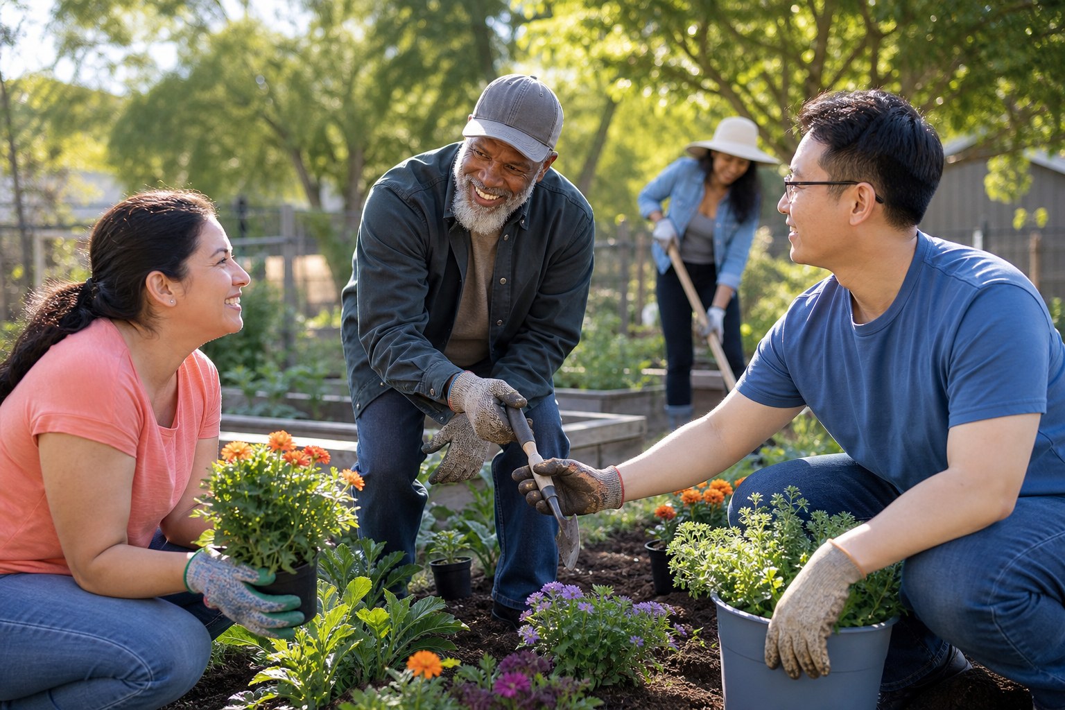 Community members working together in a garden