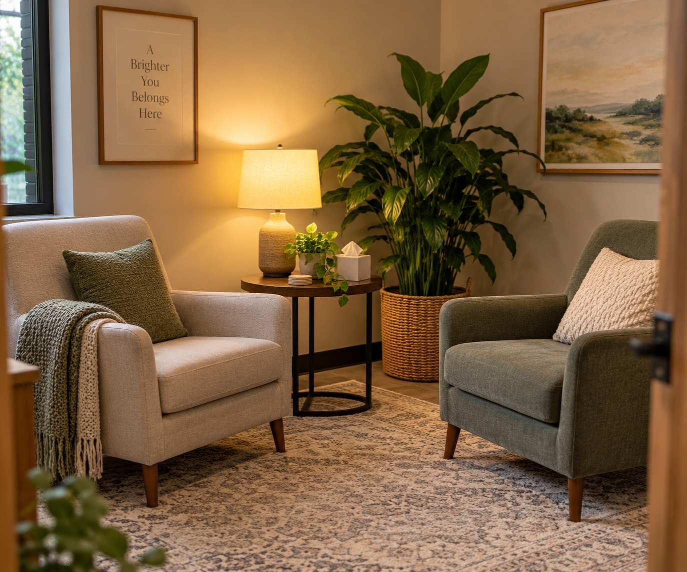 Two comfortable chairs in Christine’s welcoming counseling office
