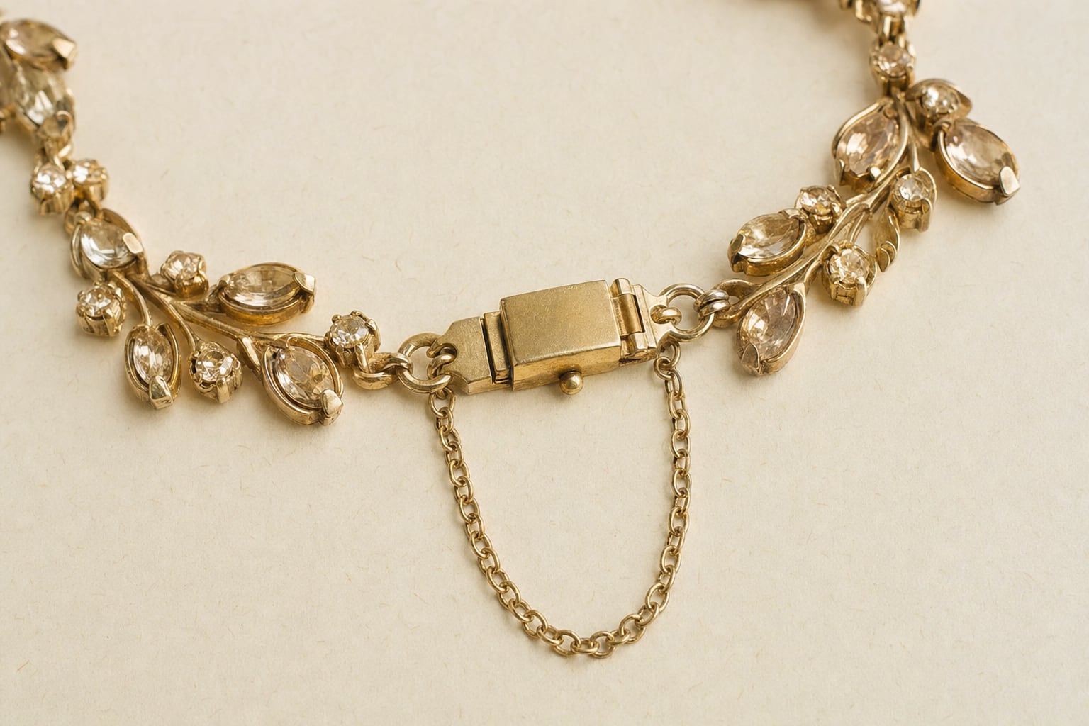 Vintage rhinestone necklace with box clasp and safety chain