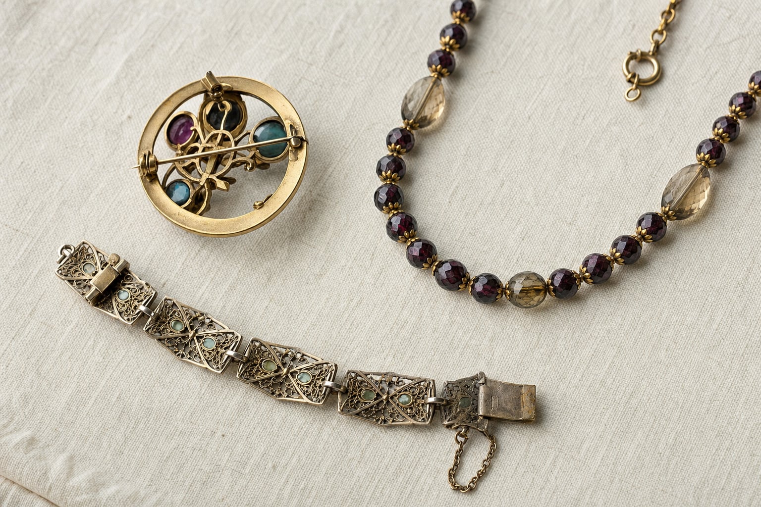 Vintage brooch, beaded necklace, and bracelet arranged on linen