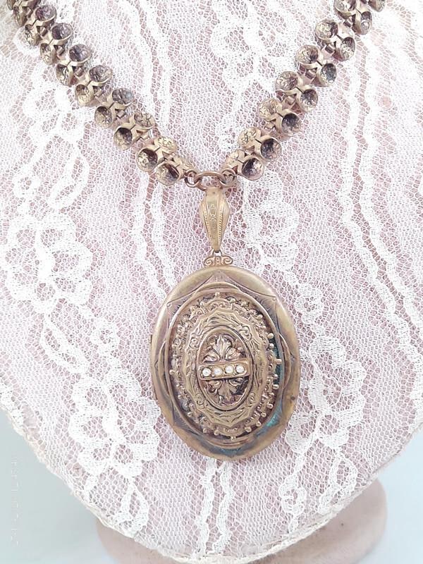 Antique Victorian Large Lavalier Bronze Locket Choker/ Necklace, 1910 Era.