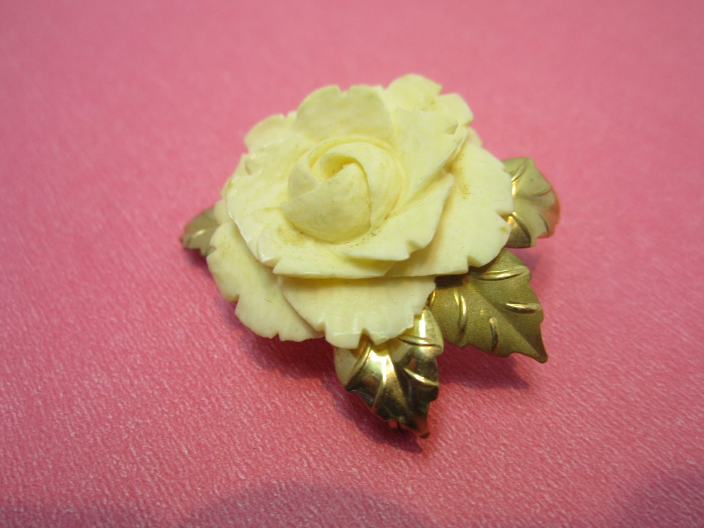 Delicate Cultra Gold Filled Brooch with Intricate Celluloid Rose Carving-Vintage Pin.