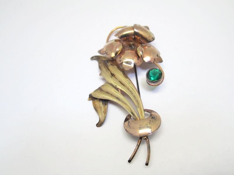 Vintage 12k Gold filled on Silver Floral Green Crystal Brooch.