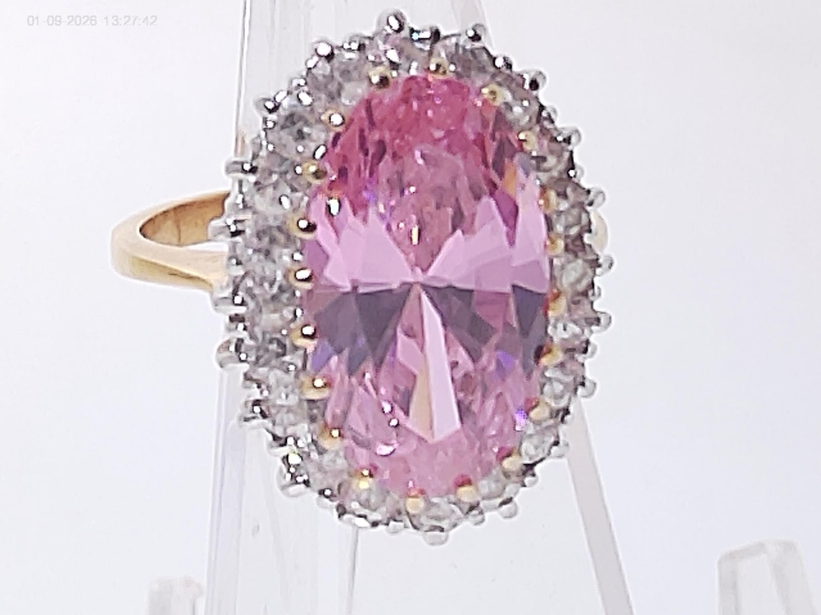 Vintage 14K GE Pink Zirconia Cocktail Ring, Clear Accents, Size 10