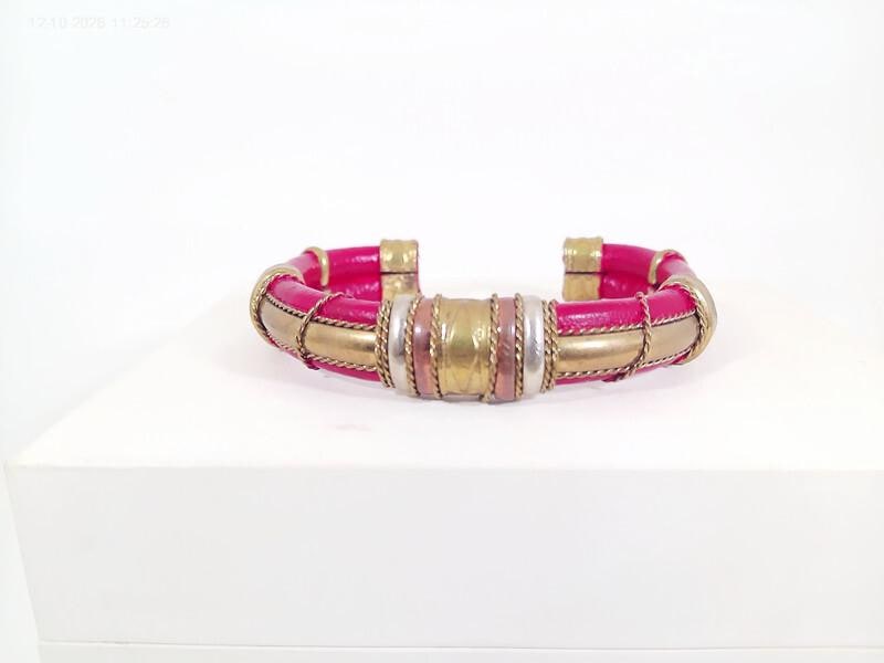 Vintage 1970's-80's Artisan Crafted Mixed Metals and Leather Cuff Bracelet.
