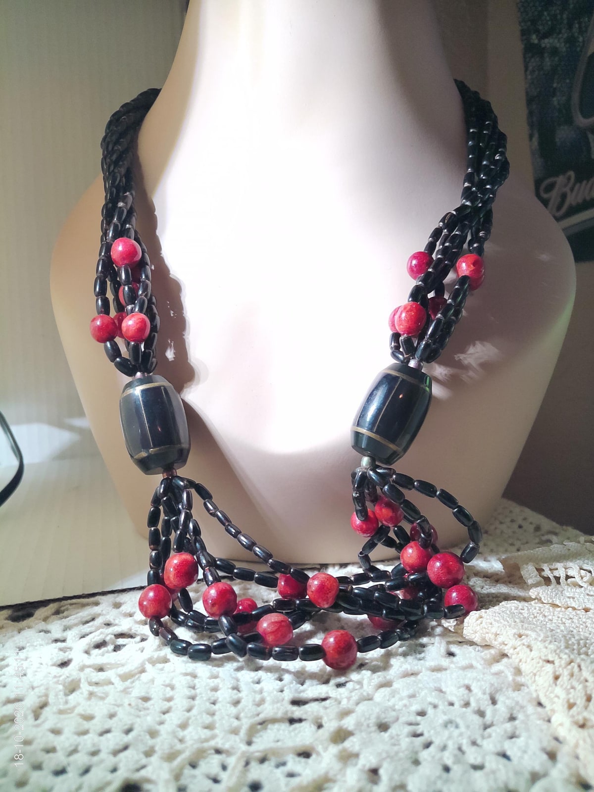 Vintage 1970's Tribal Necklace, Black Glass Beads, Carnelian Beads, Statement Necklace.