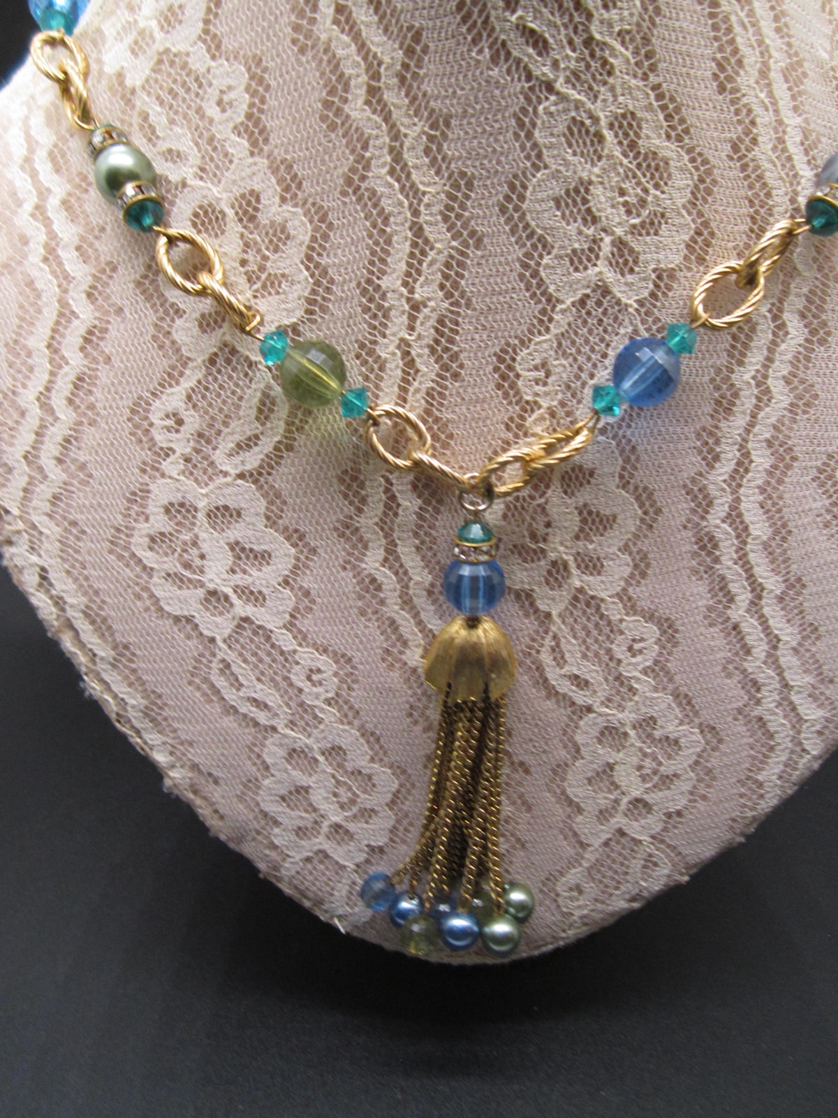 Vintage 1970s Beaded Necklace: Blue & Green Glass with Rhinestone Caps