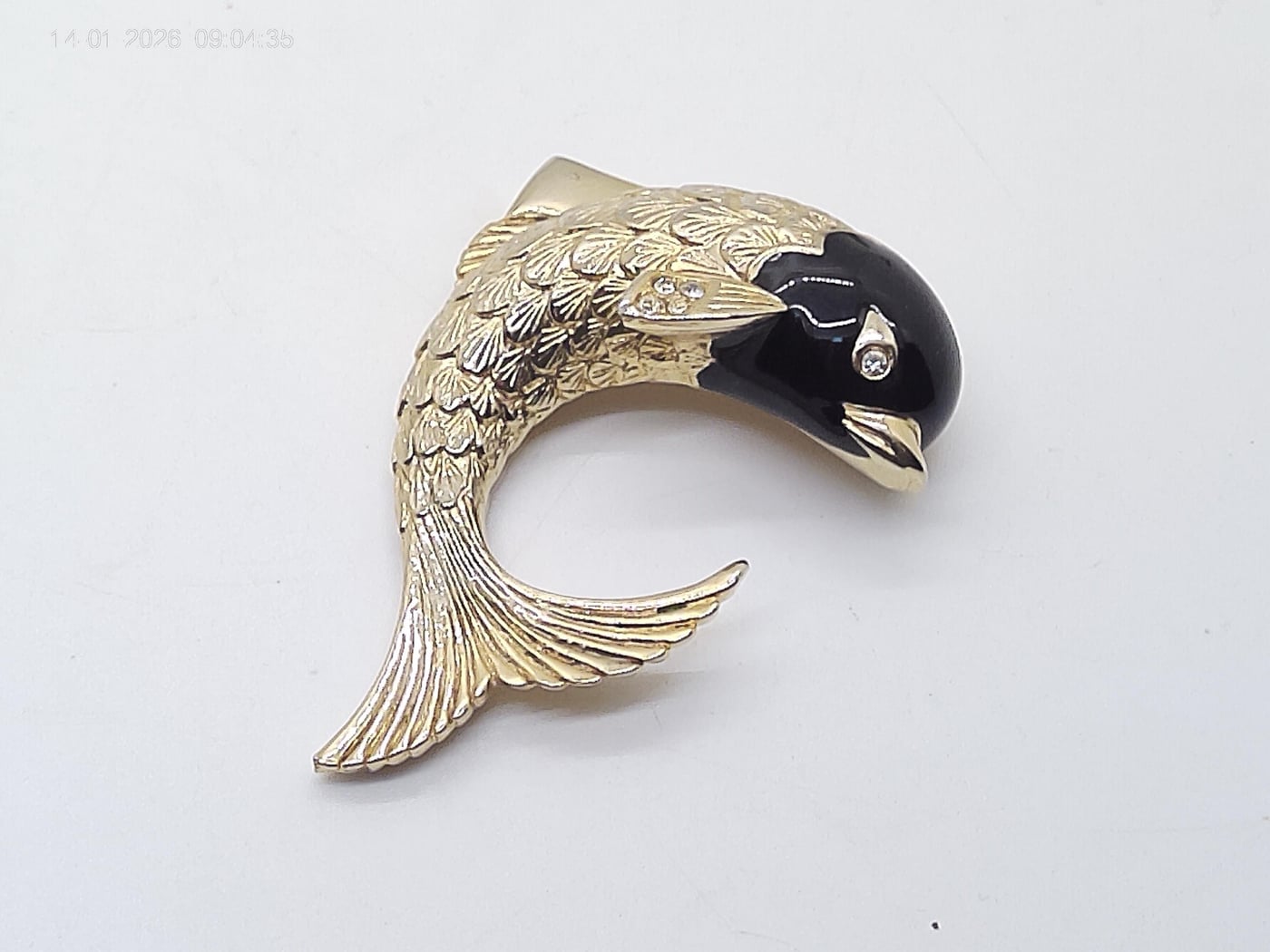 Vintage 60's Black Leaping Fish Brooch with Rhinestone Accents.