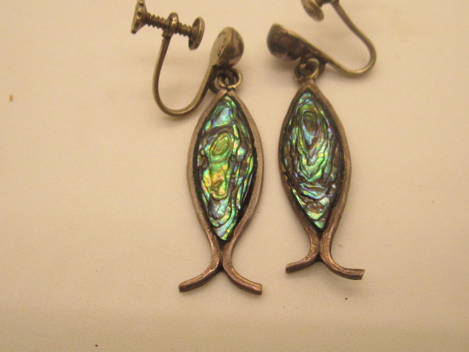 Vintage Abalone Fish Earrings: Sterling Silver Mexican Design