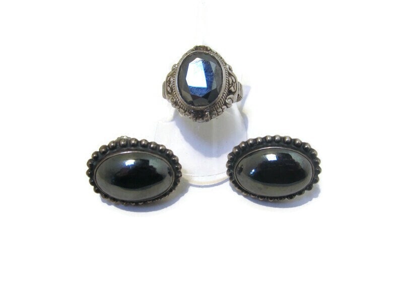 Vintage Art Deco Sterling Silver Black Onyx Ring & Earrings Set.