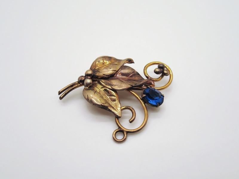 Vintage Art Nouveau Sterling Silver Brooch: 12K Gold-Filled, Blue Stone, Scrolled Leaves