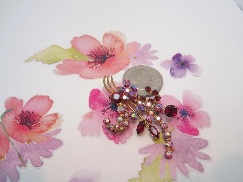 Vintage Austrian Brooch: Red & Aurora Borealis Crystals, Signed